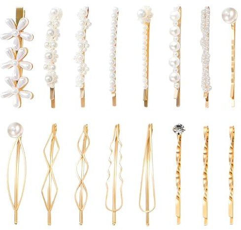 MOTIBACK Pearl Hair Clips and Gold Hair Clips Set, 16pcs Elegant Pearl Barrettes & Hair Claw Clips for Women, Luxury Gold-Tone Hair Accessories for Wedding, Bridal, Party, Everyday