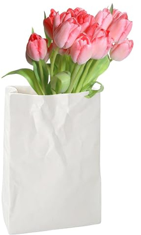 Keramikvase mit Knisterpapiertüte, Blumenarrangementgefäß, buchförmige Vase, Papiertüten-Form, weiß, minimalistisch, Boho, für moderne, trendige Heimdekoration, Esszimmer, Tischdekoration