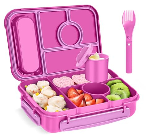 Amathley Brotdose Kinder mit Fächern,Bento Box Kinder,Brotdose Erwachsene,1300ML Lunchbox mit 5 Fächern und Saucenbehältern,Mikrowellen-und Spülmaschinenfest,BPA-Frei (Red Lily)