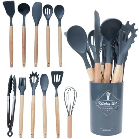 Set de Utensilios de Cocina de Silicona – Juego de 14 Piezas con Mango de Madera y Soporte – Resistente al Calor, Antiadherente, Ideal para Cocinar y Servir (Negro)