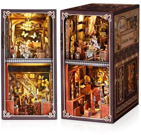 Book Nook Kit, DIY Miniatur Puppenhaus Booknook Kit, 3D Puzzle Miniatur Holzpuzzle - mit LED & Staubschutz Vintage Book Collection Room für Jugendliche und Erwachsene