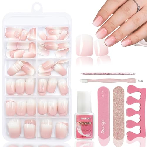 120PCS Nude Pink Gradient Fake Nails mit Nagelkleber -12 Größen Squared oval Kurzen Press On Nails - Schöne Nägel kunstnägel zum aufkleben - Geeignet für Damen DIY Nageldesign (Squoval Rosa Gradient)