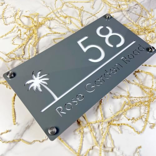 Numero civico in acrilico 3D personalizzato, targa con indirizzo personalizzato, design moderno Coconut Tree, targa con nome for esterni resistente alle intemperie(40x20cm)