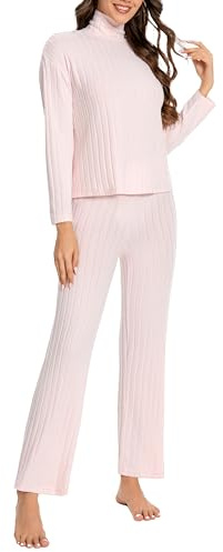 Nutria Conjunto de pijama de micropolar a rayas para mujer, manga larga con cuello alto, ropa de dormir suave para mujer, ropa de dormir elástica para otoño e invierno, ropa de casa, camiseta interior