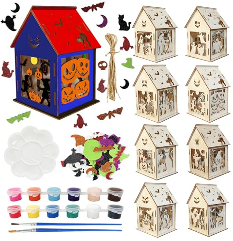 Kefyvbdj 8 Stück Halloween Kürbis Haus Bastelset Kinder, Holz Kürbis Haus Basteln DIY Kreativsets mit Farben Pinseln Aufklebern, Halloween Deko Bastelset, für Party Geschenk Jungen Mädchen