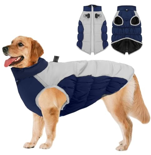 Wintermantel Hundemantel Gross Hund, Hundemantel Winter Rollkragen Warme Reflektierende,Haustier Skifahren Kostüm Winterweste für Mittlere Große Gross Hunde Marineblau,XL