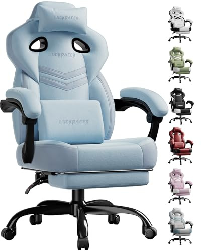 LUCKRACER Gaming Stuhl Stoff, Bürostuhl mit verbundenen Armlehnen, Memory-Schaum-Kissen, 90–155° Neigungswinkel und Fußstütze, strapazierfähigem Funktionsgewebe, blau