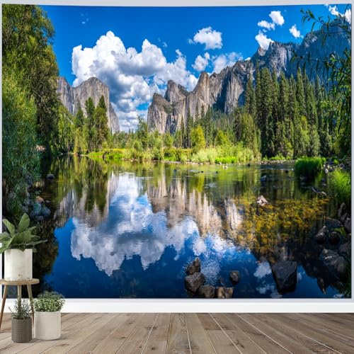 Calefee Wandbehang Klein 150 x 130, Wandteppich Landschaft Berg Bäume See Sommer, Wandbehang Deko Teppich für Schlafzimmer