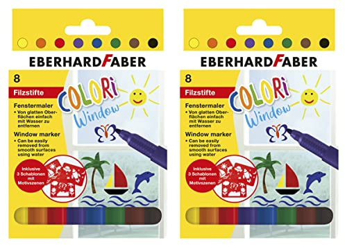 Eberhard Faber 550022 - Window Marker Colori, 8 Fensterstifte abwaschbar, inkl. 3 Schablonen (2 Packungen)