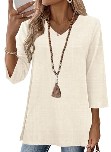 AKEWEI Tunic Tops to Wear with Leggings V Neck Dressy Casual Blouse Loose Fit 3/4 Length Sleeve Shirts for Women Apricot L