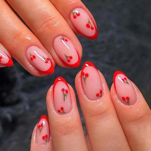 24Pcs French Tips Red Cherries Press on Nails Medium Almond with Cherry Design Glossy Spring Summer Red Reusable Fake Nails for Women Girls Manicure Decoration