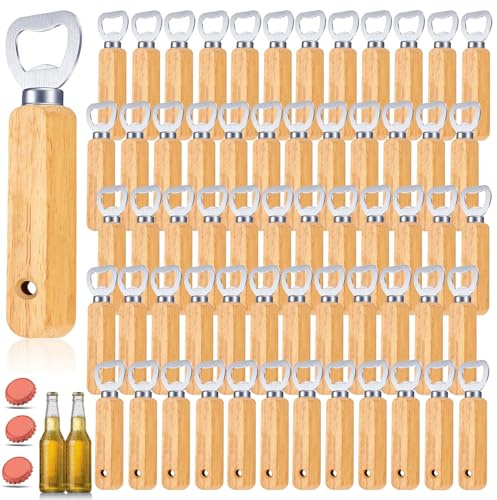 60 Unidades Abrebotellas de Madera, Mango de Madera, Abrelatas de Cerveza Personalizado, Portátil para el Hogar, al Aire Libre, Cocina, Bar, Acero Inoxidable