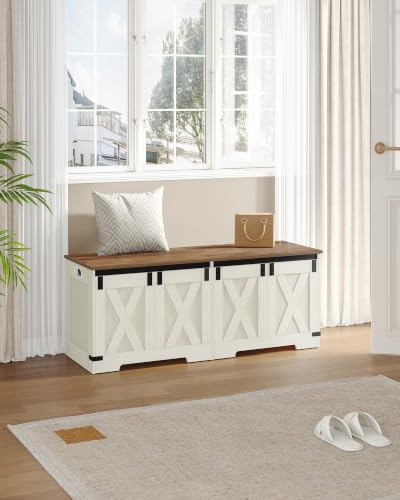 Hzuaneri Banc de Rangement, 120 x 40 x 48 cm, Blanc Marron | Coffre de Rangement, 2 Charnières Stables, Banc à Chaussures pour L'entrée, La Chambre, Le Salon, SB12014X