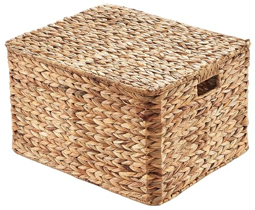 Kobolo Aufbewahrungskiste Wasserhyazinthe Gr. M 50x40x30 cm, geflochtene Box mit Deckel, stabiler Aufbewahrungskorb für Regale, Wäsche, Spielzeug & Bücher, dekorative Ordnungsbox für Wohnbereich