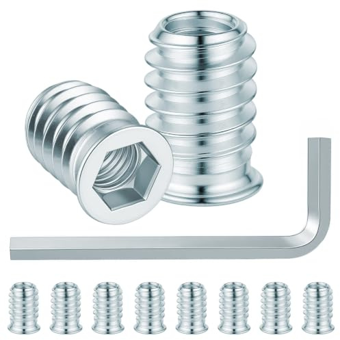 HOTUT 50 Pièces Insert Fileté Bois‌ M8, Douille Filetée en Acier au Carbone Zincé, Avec clé à six pans creux, pour Meubles en Bois