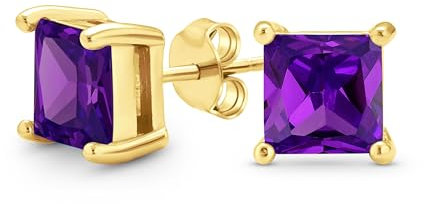 Orecchini A Perno Con Zirconia Cubica Simulata Ametista 1Ct Viola Quadrato Aaa Cz Taglio Principessa Argento 925 Placcato Oro 14K