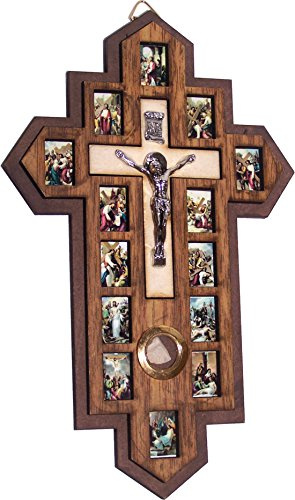 Holy Land Market - Drei Schichten mit Olivenholz-Kruzifix – Symbol 14 Stationen des Kreuzes, 14 cm Wandkreuz für Wohnzimmer
