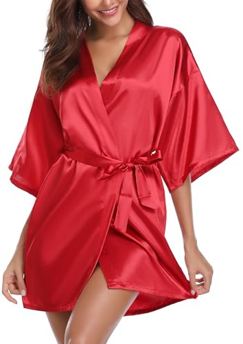 Vlazom Kimono för damer, morgonrock, kort satin badrock med bälte, v-ringad kimono, röd, S