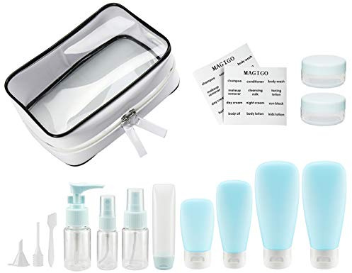 MAGIGO Toiletries auslaufsicheres Reiseflaschen-Set (16 Stück), TSA-zugelassenes Handgepäck mit transparenten Taschen für Damen, blau, 16 Piece Set, TSA-Handgepäck-geprüft