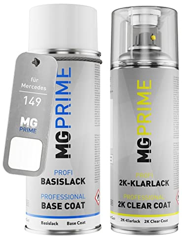 MG PRIME Autolack Set Spraydose für Mercedes 149/9149 Polarweiss +2K | Polar White, Set aus Basislack + 2K Klarlack, Sprühdosen 400ml