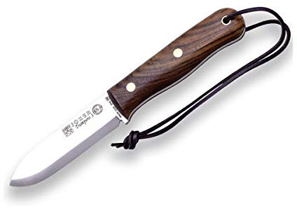 Joker jaktkniv Trampero S, blad 10 cm, valnötshandtag, brunt läderskena med eldstål, bälteskniv med sandvik stål 14C28N, verktyg för fiske, jakt, camping och vandring