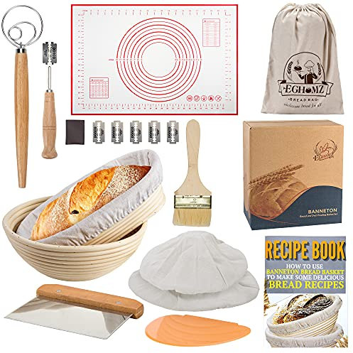 EGHOMZ Banneton Bread Proofing Basket Set Of 9 inch Round and 10 inch Oval Sourdough Bread Proofing Baskets With 2 Dough Scrapers, Danish Dough Whisk, Baking Brush & Mat, Bread Lame With 5 Blades