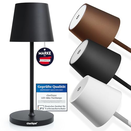 charlique® LED Akku Tischlampe - kabellos, schwarz 28 cm, dimmbar, Aluminium