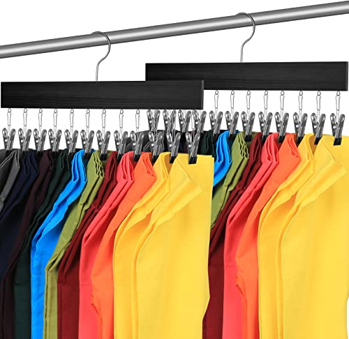 Yuepin Legging Organizer for Closet, 2 Pack Wooden Pants Hangers Space Saving with Clips Legging Hangers Holders Hanging Closet Organizer and Storage, Holds 24 Leggings/Pants/Jeans/Scarfs/Caps