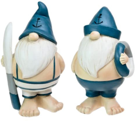 2 x Beach Gnome Swimmers - Bathroom/Beach Hut Ornaments - Humorous Gnome Bather Couple Figurines - Blue, White -12 cm