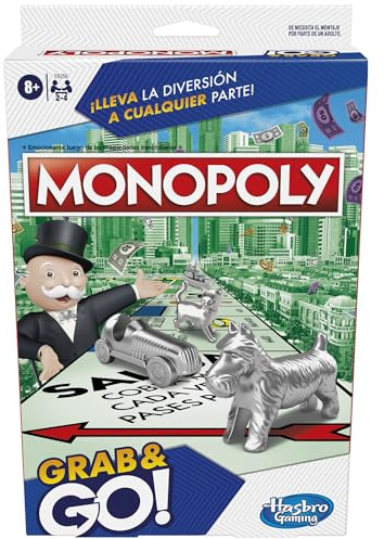 Hasbro Gaming Monopoly Grab and Go, Juegos de Mesa Portatiles, 2 a 4 Jugadores, a Partir de 8 Años, Habilidad y Estrategia, Regalo de Cumpleaños