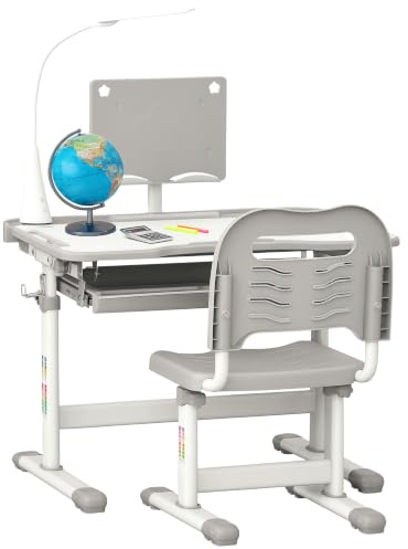 HOMCOM Banco Scuola con Sedia per Bambini 6-12 Anni in Acciaio e MDF Grigio