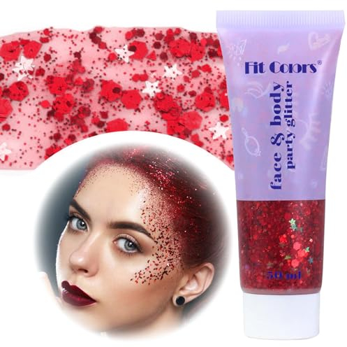 Body Glitter Gel, Festival Gesicht Zubehör, 50ml Liquid Gel, Körperglitzer für Make Up Cosmetic Party, DIY, Nägel, Lippen (Rot)