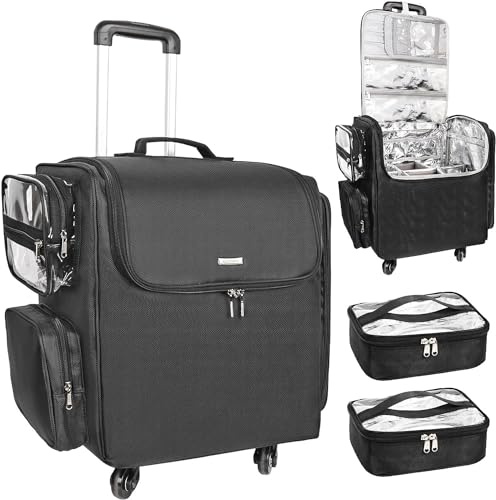 Rolling valigetta cosmetica, parrucchiere borsa da viaggio con 4 ruote, isolamento termico strato completo, divisore regolabile, strumenti per capelli e cosmetici organizer trolley valigia trucco