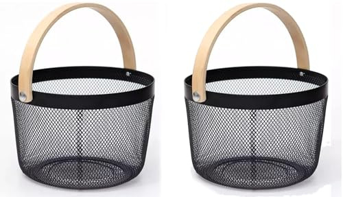 Sarmini 2er-Set Picknickkorb Obstkorb für Küche Theke Aufbewahrungskorb Erntekorb mit Griff Gartenkorb zum Ernten von Gemüsekorb Rechteck Metall Mesh Korb für Organisation (Schwarz, Rund)