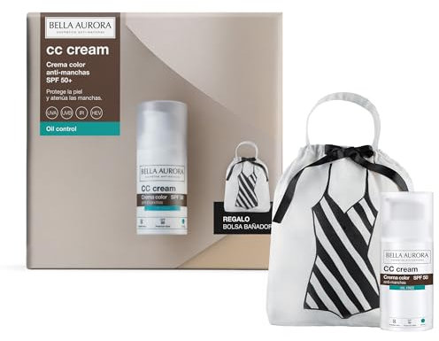 BELLA AURORA - Pack CC Cream Antimanchas Oil Control SPF50+ 30 ml + Bolsa de Regalo, Protector Solar Antimanchas, Crema Color para Pieles con Brillo o Mixtas-Grasas, Crema Solar Facial