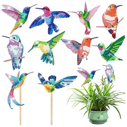 NICENEEDED 10 PCS Hummingbird Diamond House Garden Decor Kits, Birds Diamond Art Garden Stake, Hummingbird Crafts Diamond Art Accessories for Indoor Outdoor Garden Yard Decoration