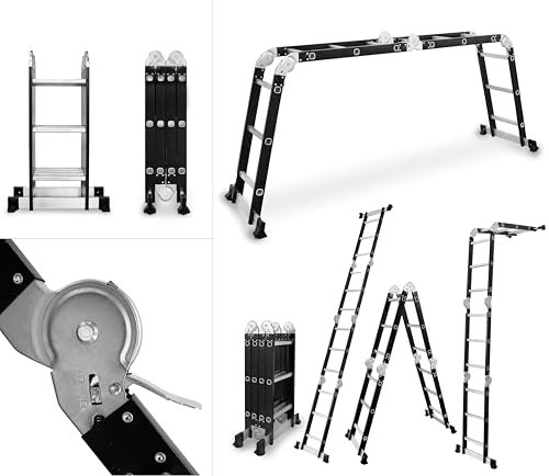 DRABEST Scala Pieghevole Universale Multifunzionale Articolata 4x3 Gradini – Costruzione Solida – Alluminio + Acciaio – Carico Massimo 125kg – 0,32x0,98x0,25m