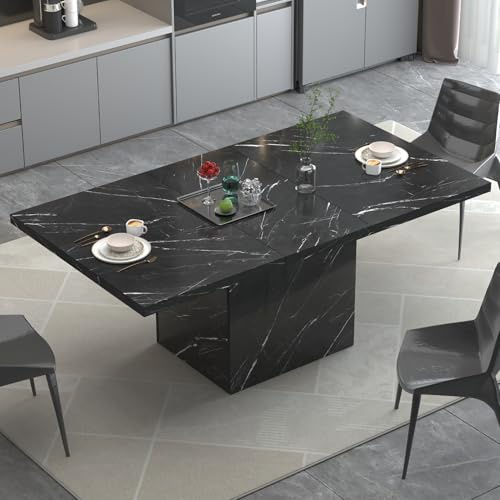 HSH Matbord i svart falskt marmor, modernt matbord för 6 personer, bondgård, rektanglur köksbord för vardagsrum, långt matbord i trä med stark piedestal, svart marmor 160 cm