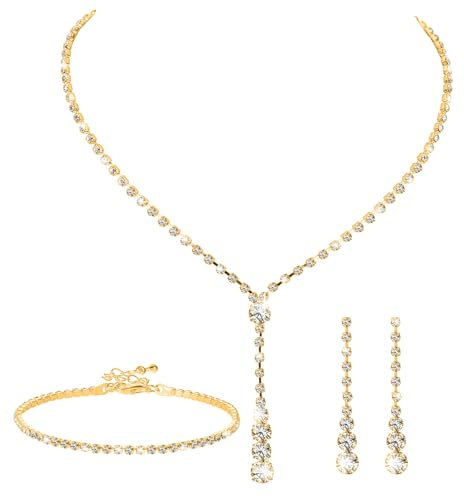 PT Haahoos Bridal Jewellery Sets For Women Gold, 4 Pcs Gold Rhinestone Jewellery Set, Crystal Necklace Drop Earrings Link Bangle Bracelet Bridal Wedding Jewelry Sets for Bridesmaids Women Girls