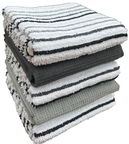 Olivia Rocco 5 Pack Striped Kitchen Tea Towels Cotton Super Absorbent Quick Drying Soft Ribbed Waffle Pot Towel, Silver