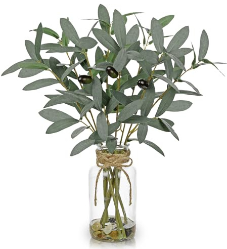 Arborus Artificial Plants in Glass Vase 38cm Faux Ficus Branches in Vase with Faux Water & Pebbles 15 Fake Plant Silk Greenery for Home Office Table Centrepiece Kitchen Bathroom Wedding Décor