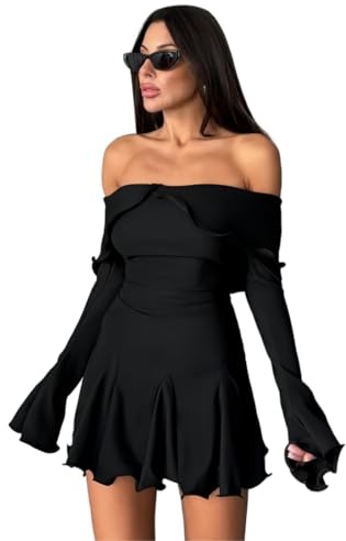 Hanaoops Women Off Shoulder Mini Dress Sexy Long Sleeve Bodycon Dresses Bell Sleeve A Line Ruched Party Dress Going Out Clubbing Casual Streetwear