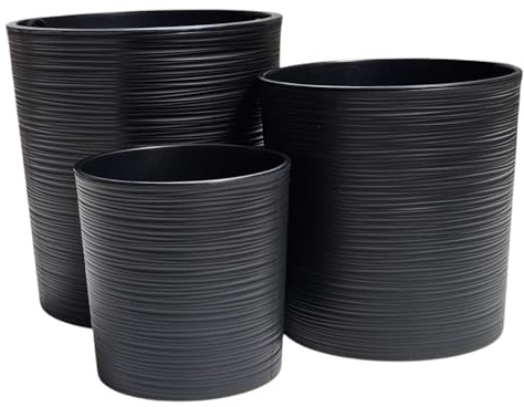 HappyFlower Set mit 3 Größen Blumentopf Pflanzkübel inkl. Einsatz rund Meißel-Optik Übertöpfe (Schwarz 3er Set)