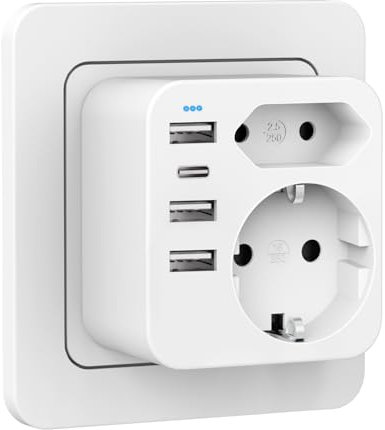 Doppelstecker für USB Steckdose, Mehrfachsteckdose mit 3 USBA Ladegerät, 1 Typ-C Port, Steckdosenadapter 2Fach Stecker, Mehrfachstecker für Steckdose, Steckdosenleiste mit USB C, Wand Ladegerät