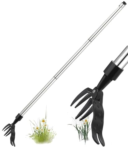 Extracteur de mauvaises herbes à 4 griffes | Désherbant debout avec dents en acier résistant à la rouille et poignée en bambou naturel | Tirez les mauvaises herbes pour jardin, pelouse et parterres de