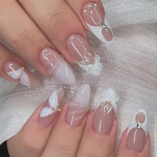 Auriselle 24 Pezzi Press on Nails Unghie Finte Adesive, Unghie Artificiali, Francese 3D Fiori Mandorla Lucide Full Cover per Donne e Ragazze, con Gel Morbido, Facile da Applicare, Rosa