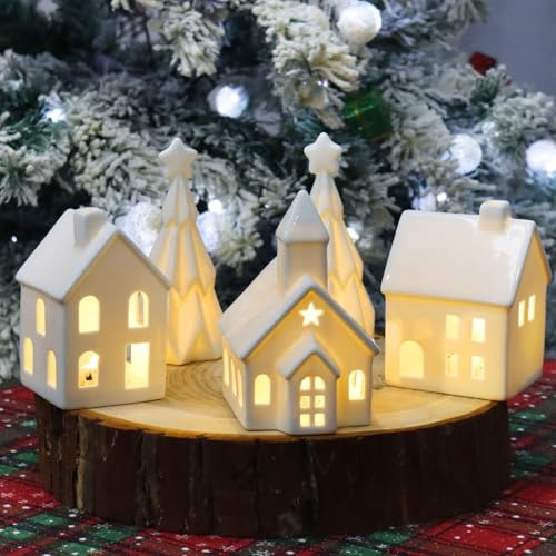 5 Pcs Ceramic Christmas Houses with LED Lights - 3 Houses and 2 Tree Village Set, Winter White Church & Mini Cottage Decor for Mantel, Tabletop, Holiday Display