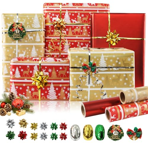 ALANGDUO Geschenkpapier Weihnachten Rolle, 3 Rollen 300 x 43 cm Weihnachtsgeschenkpapier, Weihnachtspapier Geschenkpapier Rot mit Rentier und Schneeflocken, für Weihnachten, Geburtstage