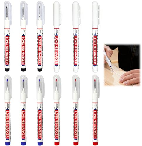 Aihoom 12pcs Marqueurs de Menuisier,Marqueur Trou Profond, Stylo de Traçage pour Bois, Métal, Plastique, Imperméable, Pointe Fine, Outils de Bricolage Professionnel(Blanc/Noir/Rouge/Bleu)