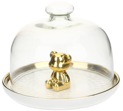 Hohopeti Plateau à Gâteau en Céramique Petit Format avec Cloche en Verre Transparent Plateau de Service pour Desserts et Fruits Présentoir de Table pour Pâtisseries et Goûters